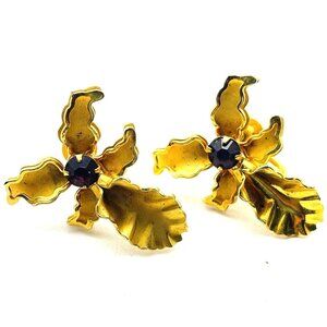 BUGBEE NILES Bearded Iris Earrings Gold Tone Purple Rhinestones Screwback Vtg